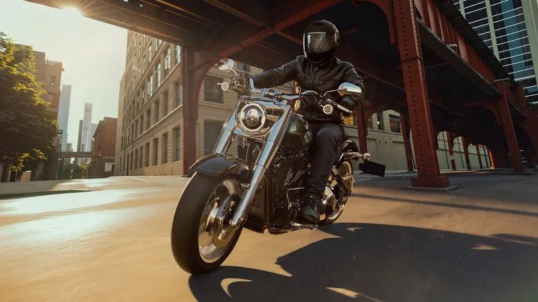 Rider on a 2026 Harley-Davidson Fat Boy on a city street