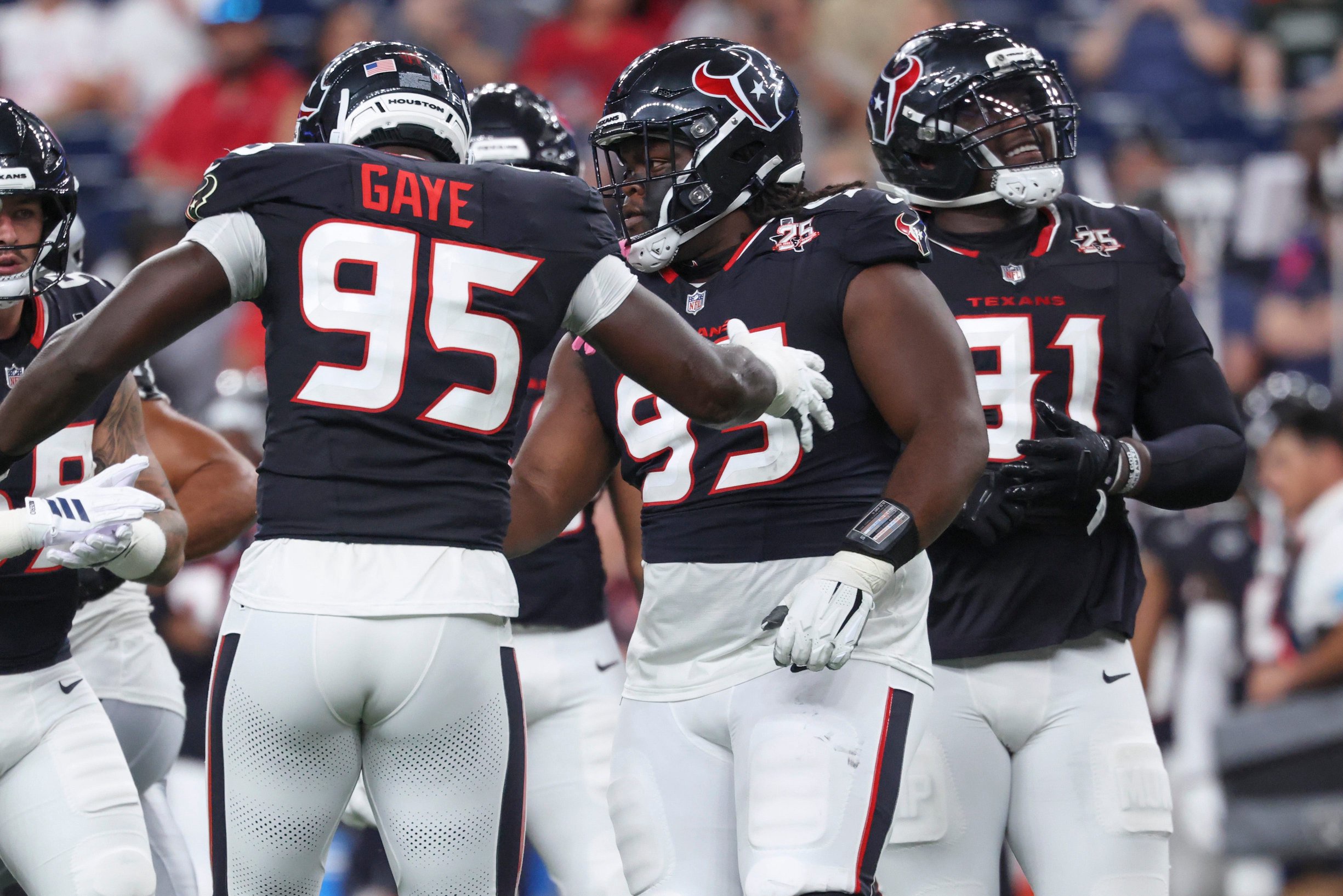 Aug 20, 2026; Houston, Texas, USA;  Houston Texans defensive tackle Kayden McDonald (93) reacts after a play during the game against the Las Vegas Raiders at Reliant Stadium. Mandatory Credit: Troy Taormina-Imagn Images