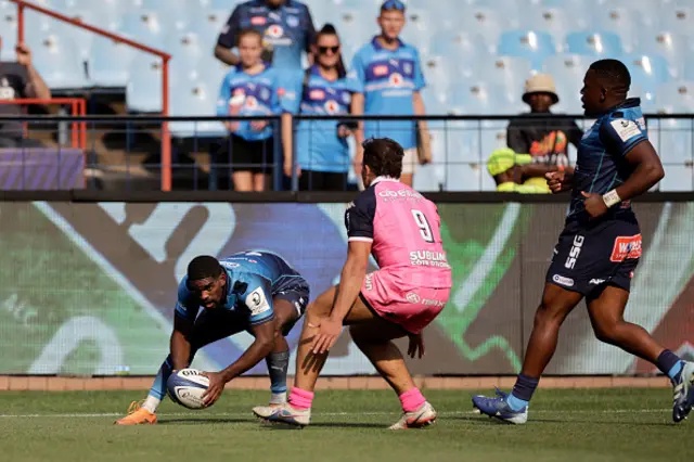 Bulls' South African wing Cheswill Jooste scores a try