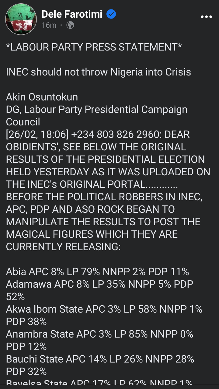 2023: Labor Party Releases The Original Result Of The Presidential Election (Photos)