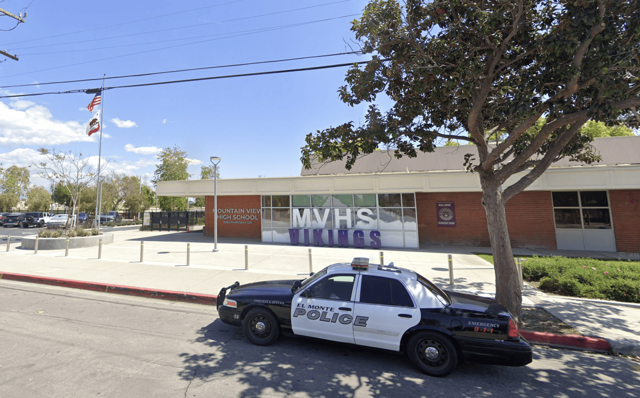 An El Monte police car parked outside Mountain View High School.