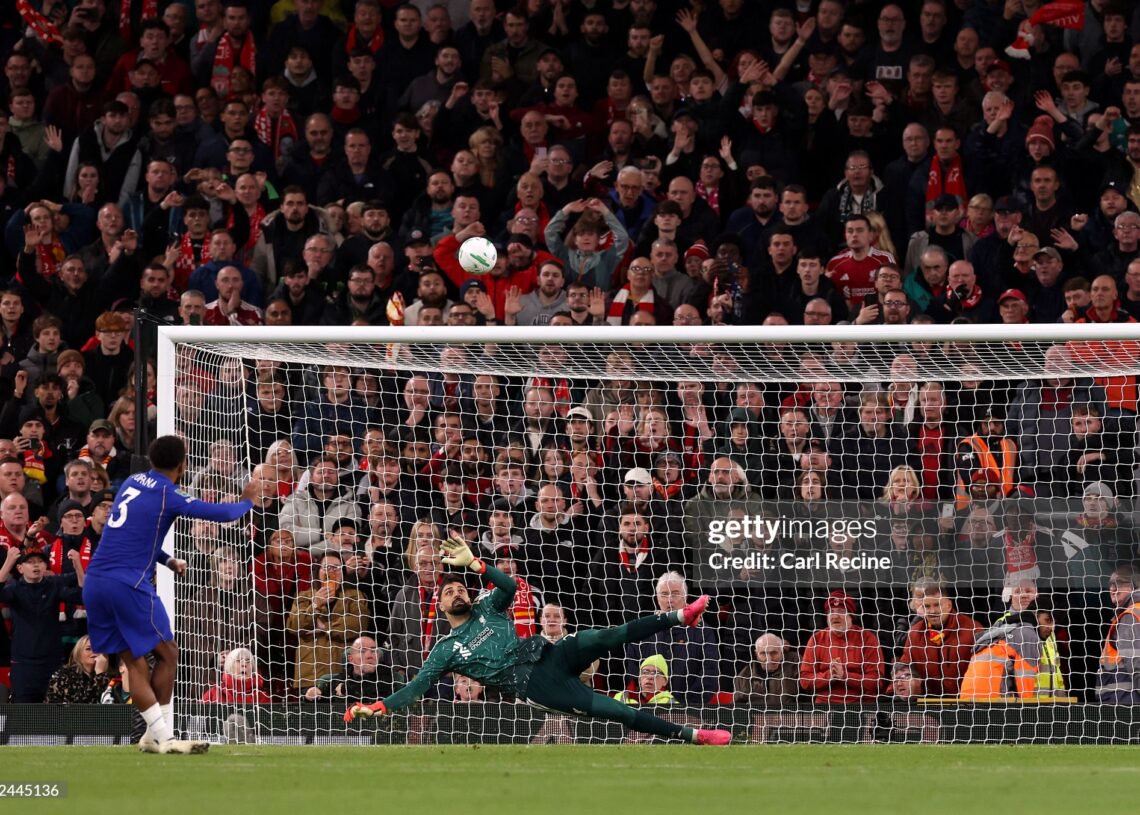 Wesley Fofana of Chelsea misses a penalty during the shootout during the Carabao Cup Fourth Round match between Liverpool and Chelsea (Photo by Carl Recine/Getty Images)