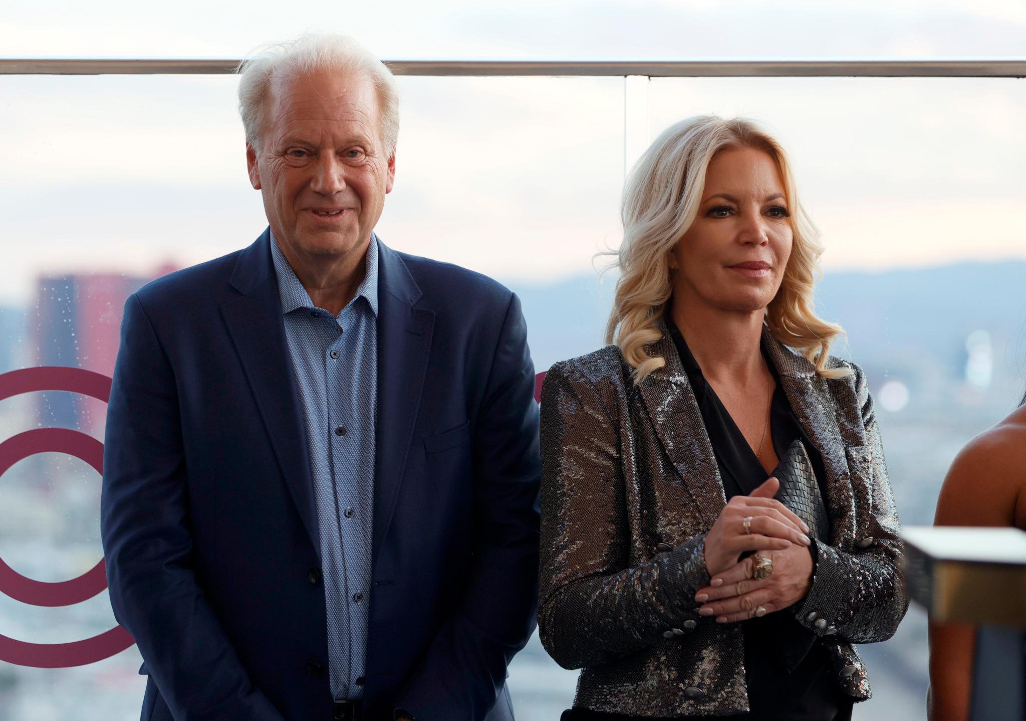 Dan Cohen, left, and Jeanie Buss attend a news conference announcing a distribution agreement at Circa Resort & Casino in Las Vegas on Oct. 6, 2021.