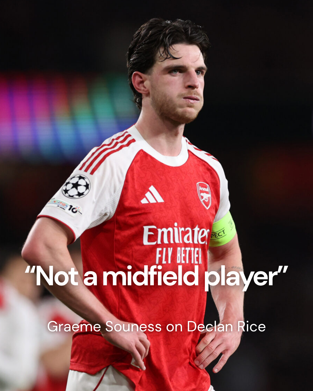 TalkingPoints graphic of Arsenal player Declan Rice, overlaid with a quote from Graeme Souness