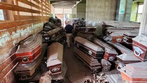 The coffins discovered in sheds at La Plata Cemetery in Argentina