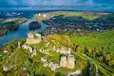 An aerial view of the Château Gaillard fortress with a river in the background