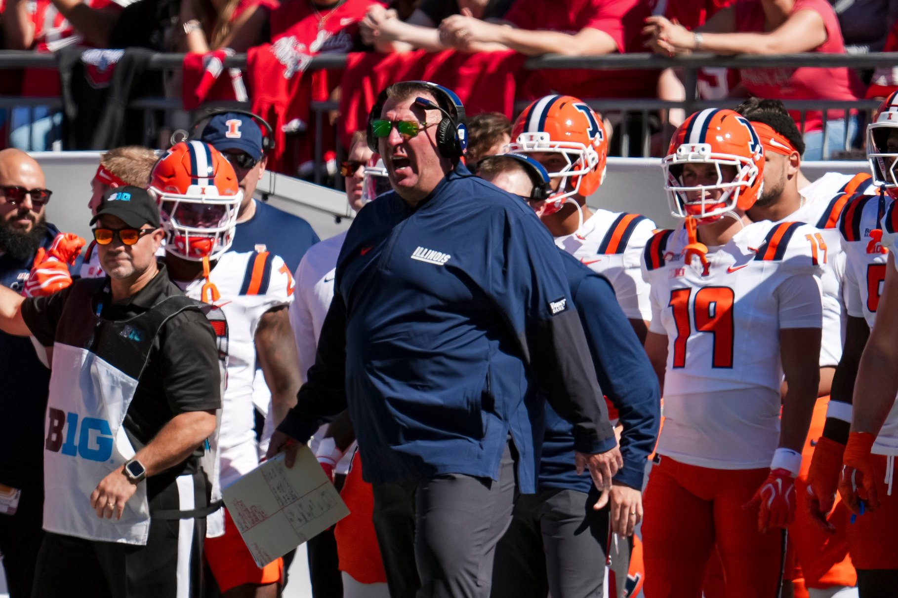 Illinois Fighting Illini head coach Bret Bielema watches during the NCAA football game against the Ohio State Buckeyes at Ohio Stadium in Columbus on Sept. 26, 2026.