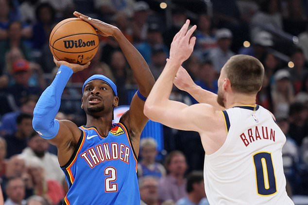 Oklahoma City Thunder guard Shai Gilgeous-Alexander (2) looks to shoot against Denver Nuggets guard Christian Braun (0) during the first half of an NBA basketball game Thursday, Oct. 22, 2026, in Oklahoma City. (AP Photo/Nate Billings)