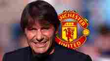 Antonio Conte with the Man Utd badge
