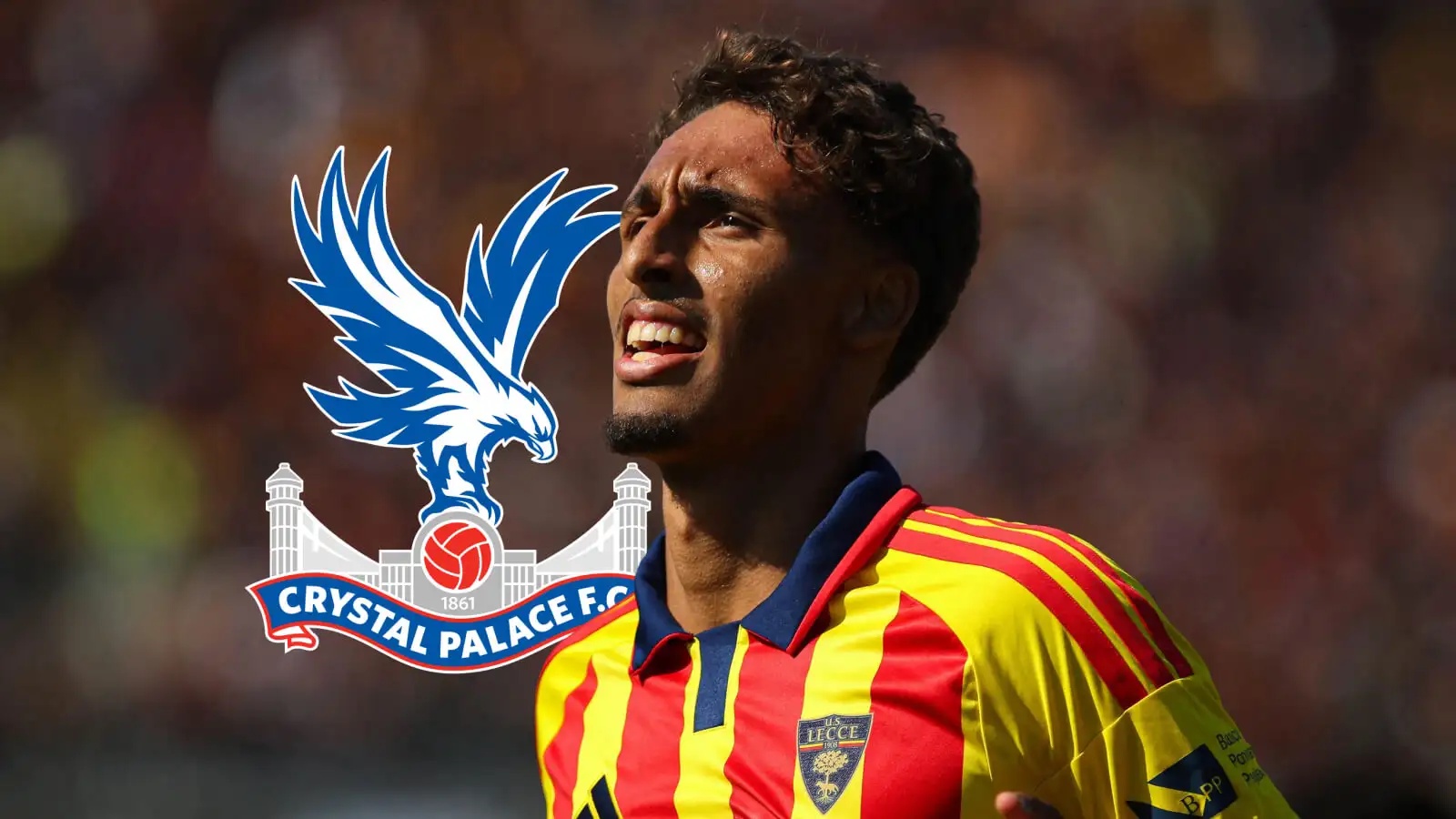 Lecce star Tiago Gabriel with a Crystal Palace badge
