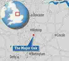 Map showing the location of the Major Oak in Sherwood Forest, Nottinghamshire
