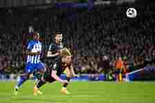 Kevin De Bruyne of Manchester City scores his team's first goal during the Premier League match between Brighton & Hove Albion and Manchester C...