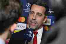 Arsenal FC Sporting Director Edu Gaspar speaks to media in the flash interview area during the UEFA Champions League 2023/24 Round of 16 Draw at th...