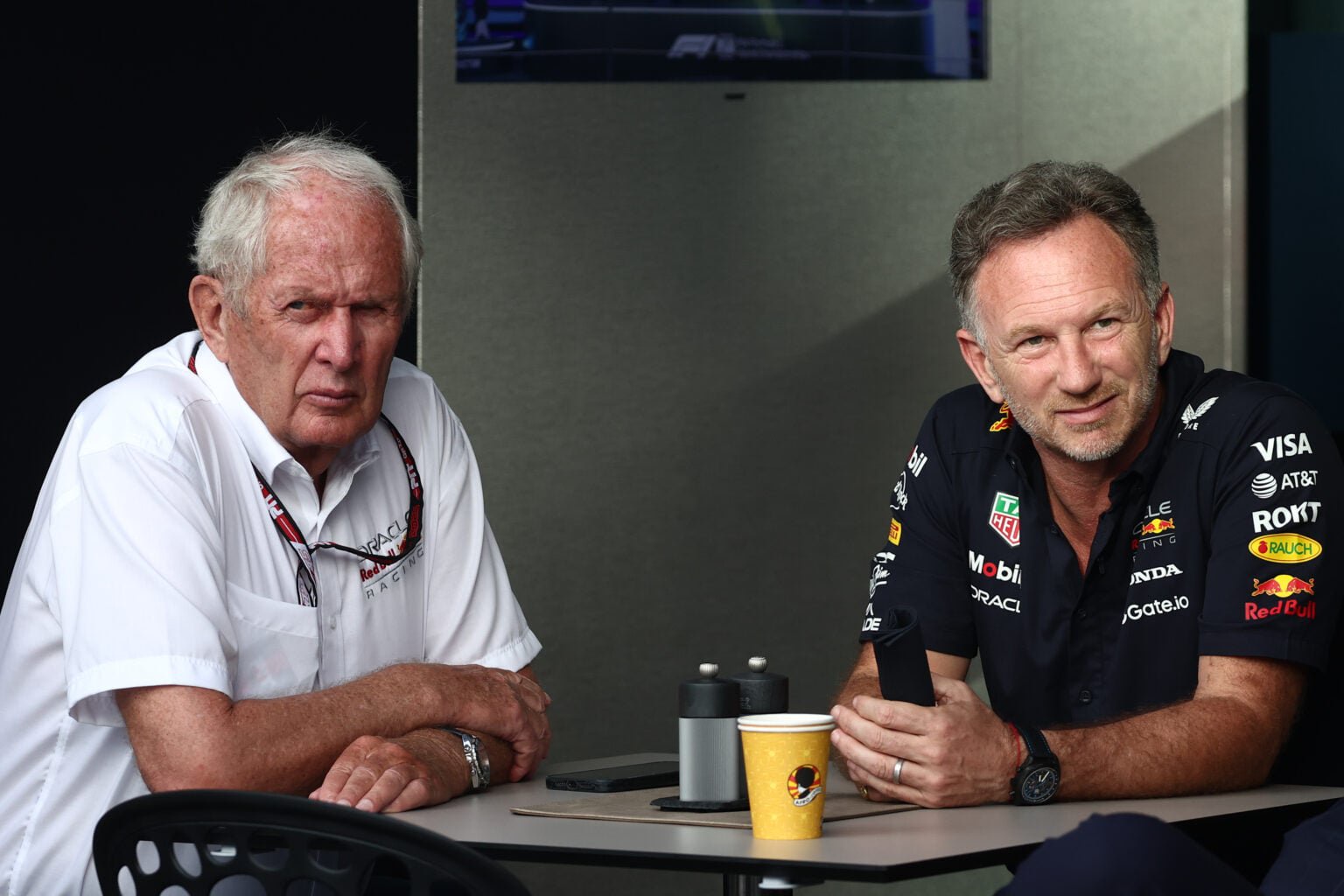 Helmut Marko and Christian Horner in the Red Bull hospitality unit at the 2025 F1 Saudi Arabian Grand Prix