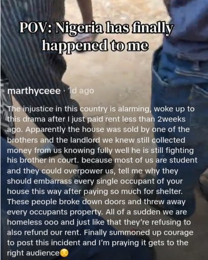 "Nigeria has finally happened to me" woman laments as she and other tenants are thrown out of apartment after landlord collected rent while his brother sold the house