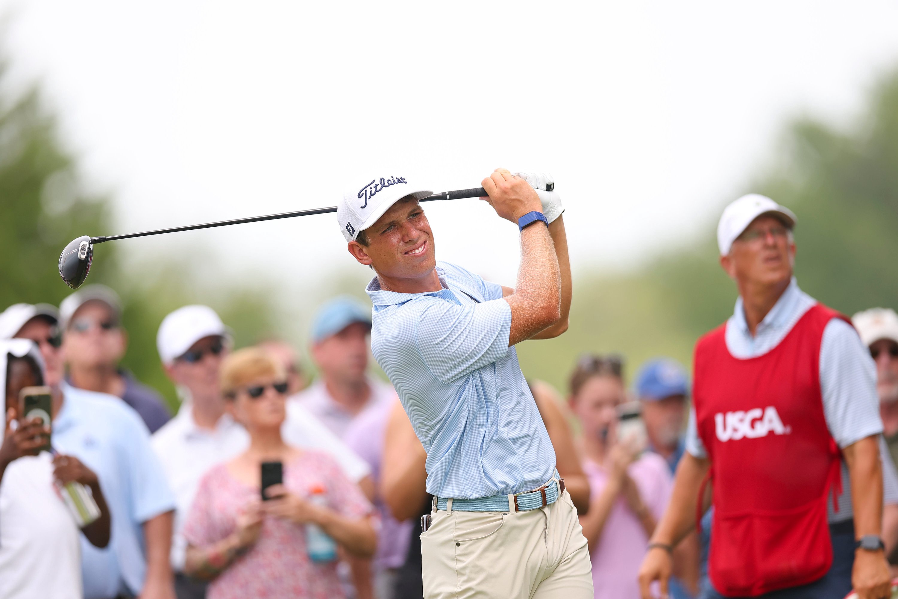 Jack Turner watches his tee shot at the second hole during the quarterfinals of the 2026 U.S. Amateur at Merion Golf Club in Ardmore, Pa. on Friday, Aug. 14, 2026.