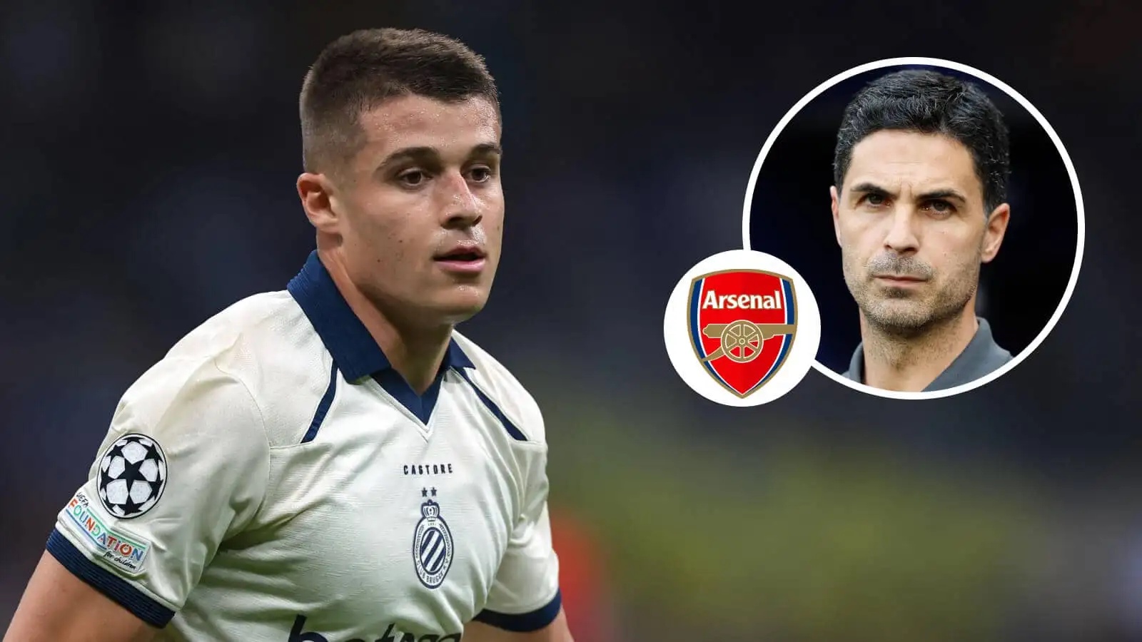 Club Brugge striker Nicolo Tresoldi next to the Arsenal badge and Gunners boss Mikel Arteta