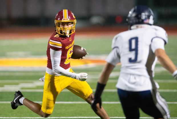 Colton's Reece Vasquez, (#6), looks to avoid the tackle from Rim of the World's Killian Ritchie, (#9), after catching a pass, in a San Andreas League football game, Friday at Colton High School, October 23, 2026. (Photo by John Valenzuela/Contributing Photographer)