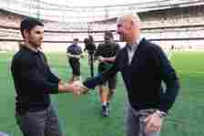 Mikel Arteta, Manager of Arsenal, shakes hands with Erik ten Hag, Manager of Manchester United, prior to the Premier League match between Arsenal F...