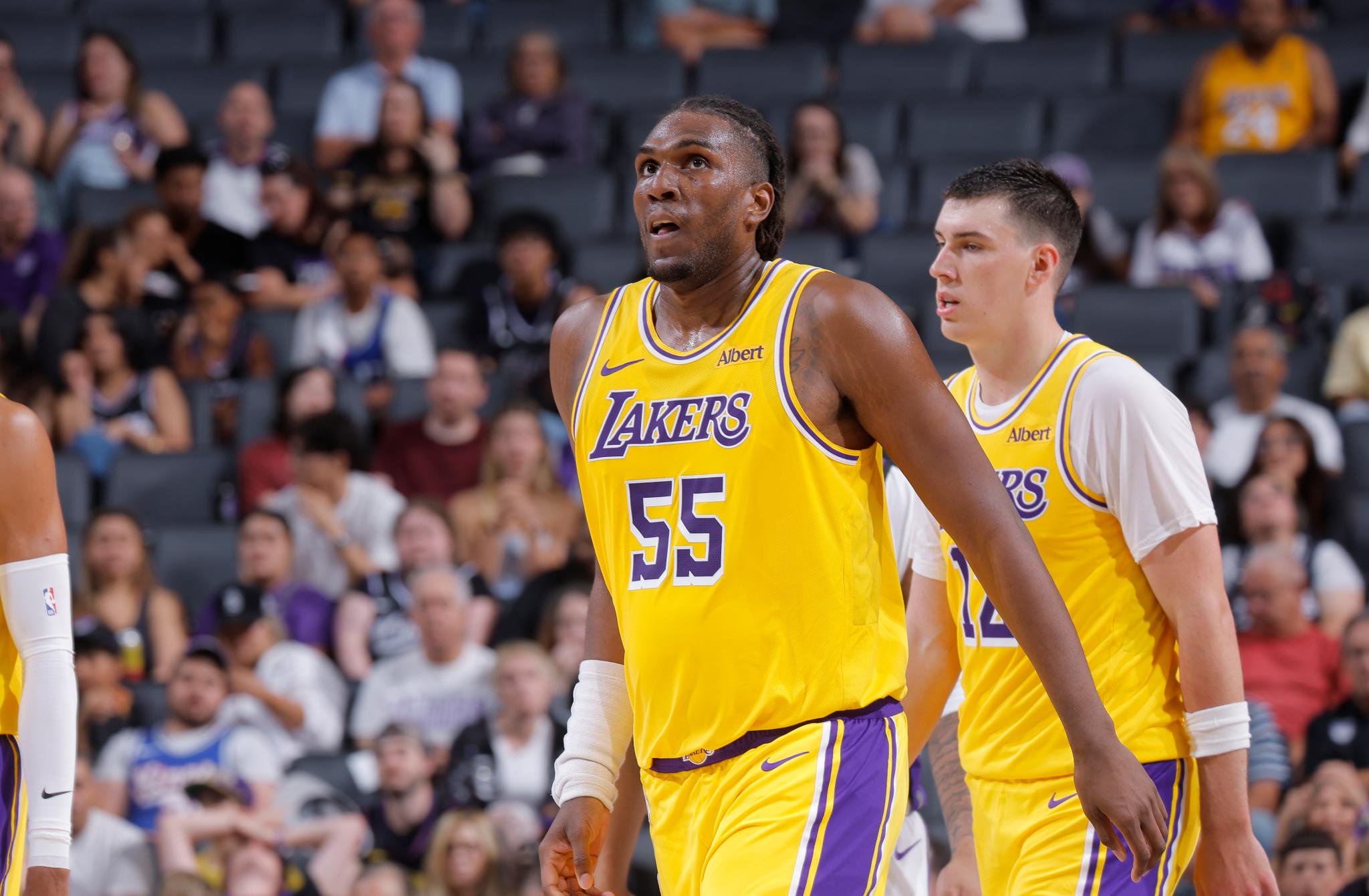 Kevon Looney of the Los Angeles Lakers looks on during an NBA preseason game against the Sacramento Kings.