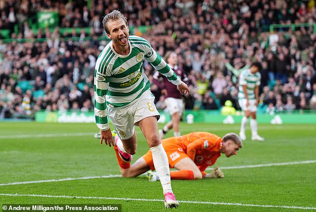 Benjamin Nygren celebrates rounding off the scoring in Celtic's 7-1 hammering of Hearts