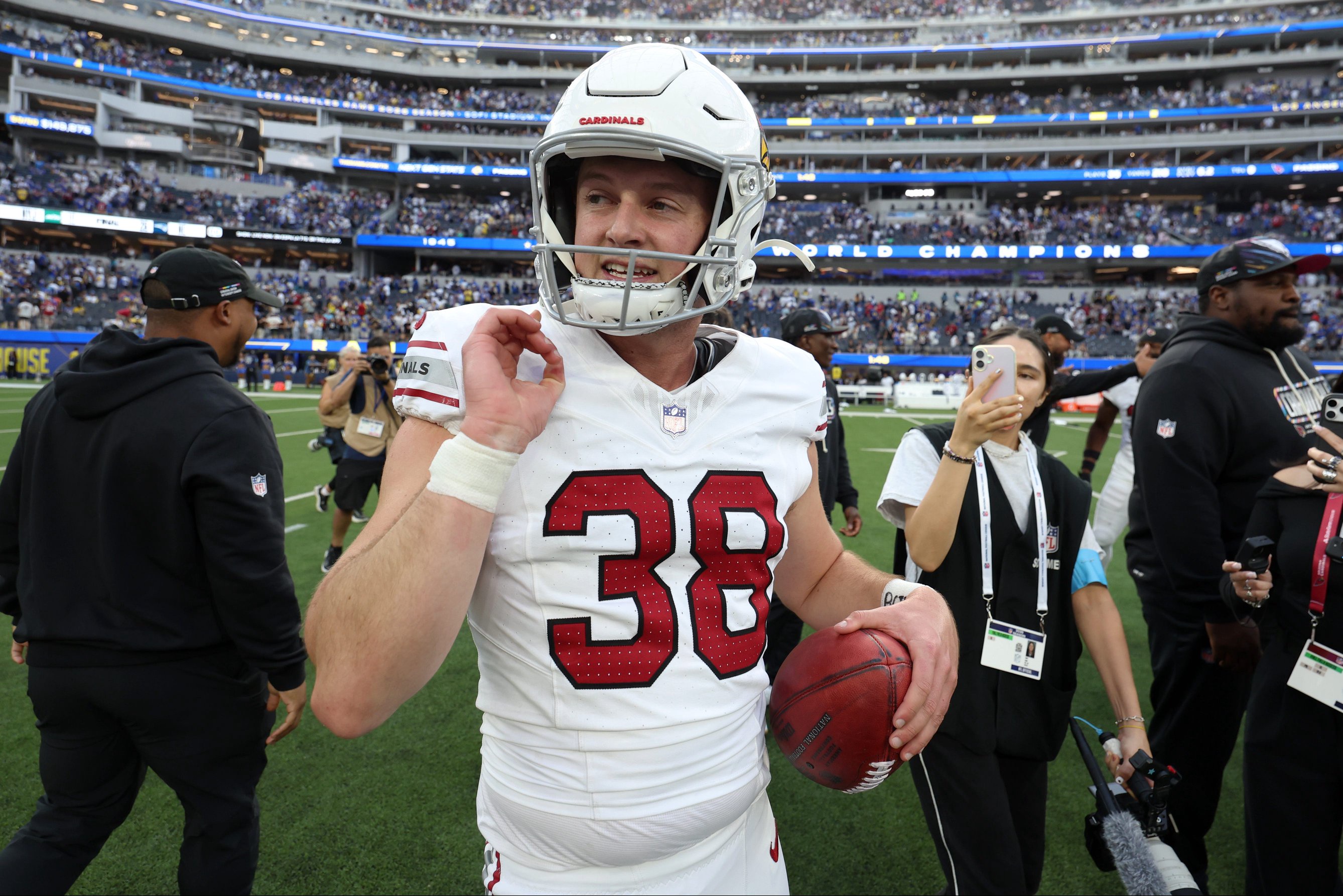 Arizona Cardinals kicker Chad Ryland (38) after the game against the Los Angeles Rams at SoFi Stadium in Los Angeles on Oct. 18, 2026.