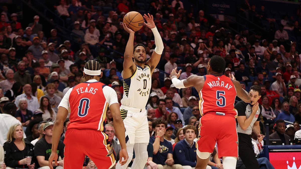 Tyrese Haliburton shooting the ball during an NBA game