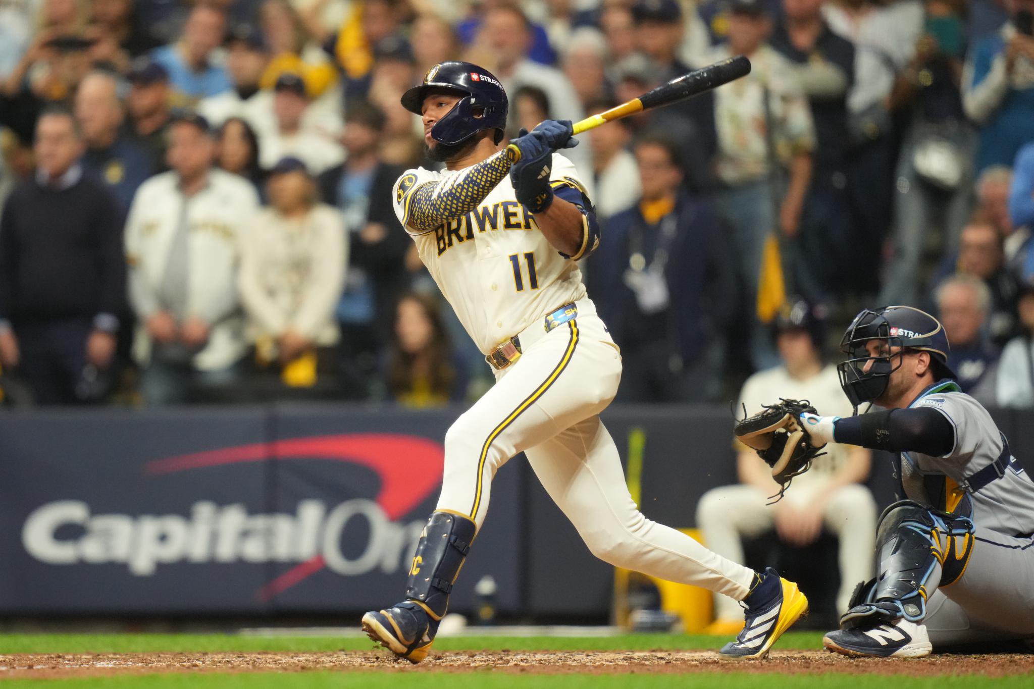 Jackson Chourio of the Milwaukee Brewers bats against the Tampa Bay Rays during the World Series.