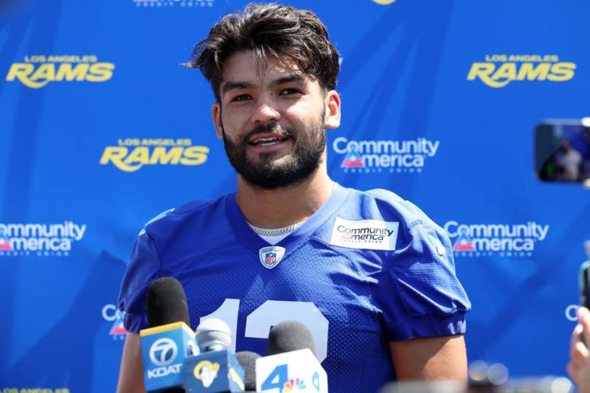 Los Angeles Rams wide receiver Puka Nacua (12) speaks to media after training camp at Loyola Marymount University. © Imagn