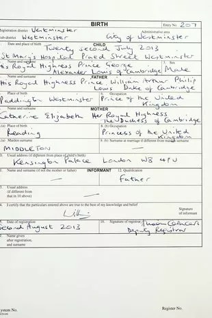 A copy of Prince George's birth certificate