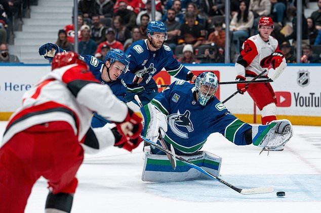 Carolina Hurricanes' Nikolaj Ehlers (front left) scores on Vancouver Canucks goaltender Leevi Merilainen (31) as Tom Willander (5) defends during the first period of an NHL hockey game in Vancouver on Tuesday, Oct. 20, 2026. (Ethan Cairns/The Canadian Press via AP)