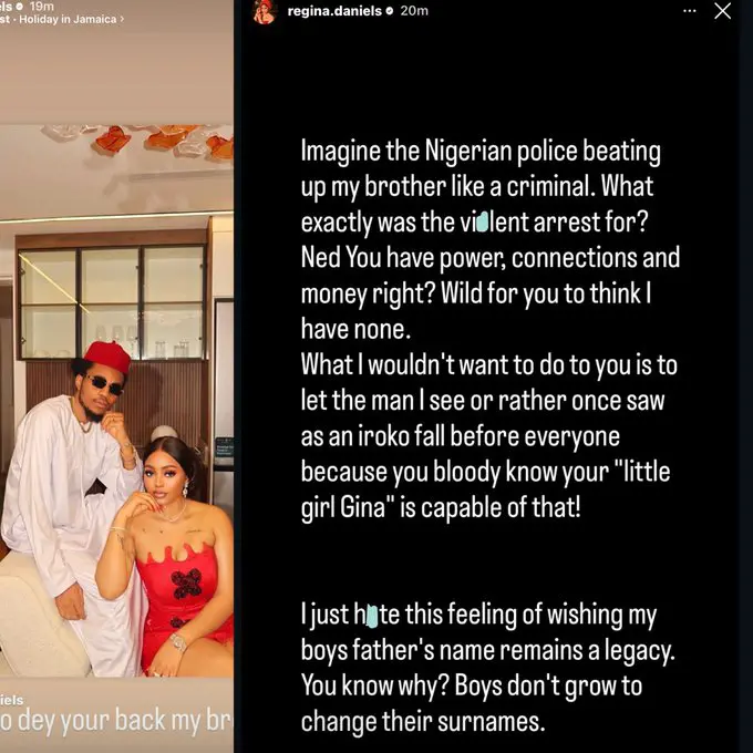 A screenshot from Instagram shows a post by Regina Daniels with text about a violent arrest and power dynamics, accompanied by a photo of a man in traditional attire and a woman in a red dress posing together. Another image depicts a Nigerian police officer in uniform standing near a group including a man in white and red outfit and a woman in a black top. A third photo features the couple in elegant attire, the woman in a sparkling red gown and the man in a suit, sitting closely on a couch.