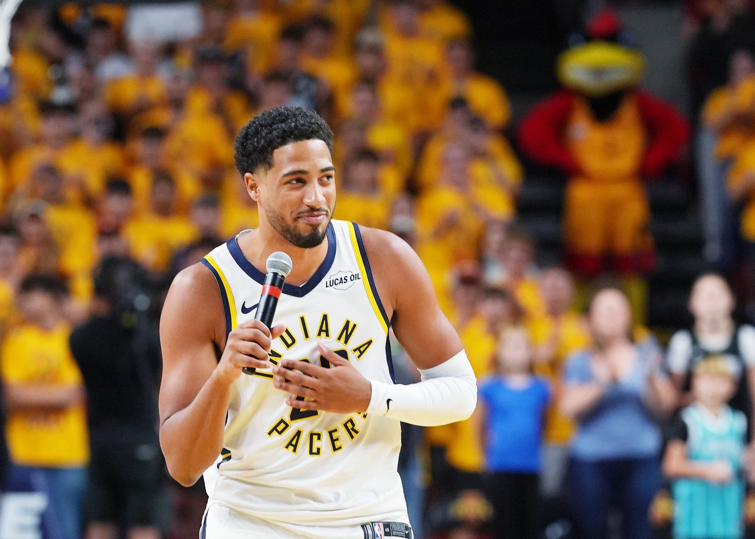 Indiana Pacers guard Tyrese Haliburton (0) speaks to the crowd before the NBA preseason basketball game against the Minnesota Timberwolves at Hilton Coliseum on Oct. 7, 2026, in Ames, Iowa.