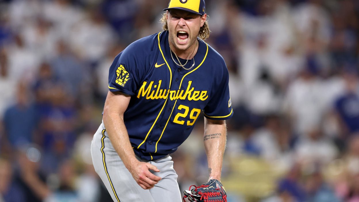 Trevor Megill #29 of the Milwaukee Brewers