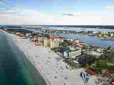 Clearwater Beach in Florida, Coastal View of Pier, Drone Photo of Beach
