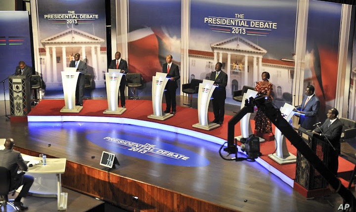 In this photo taken February 11, 2013, Kenyan presidential candidates take part in a televised debate in <a class=