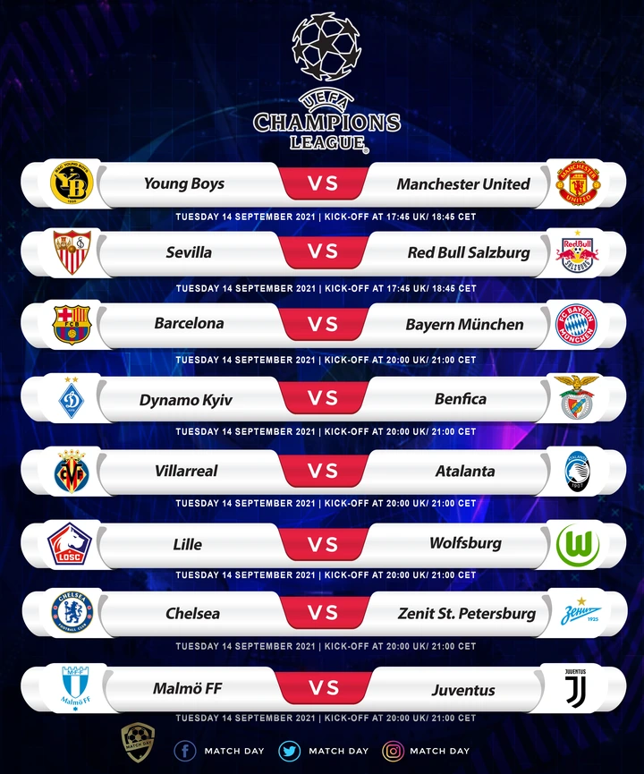 Uefa Champions League 2021 2022 Matchday 1 Fixtures For Tuesday Football Ng