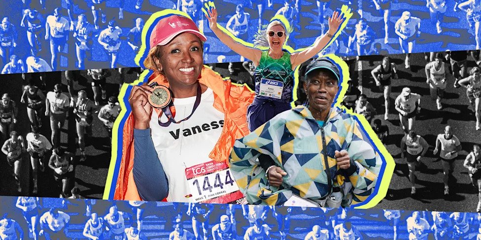 Participants celebrating and running in a marathon, featuring a woman with a medal and two others in colorful outfits.