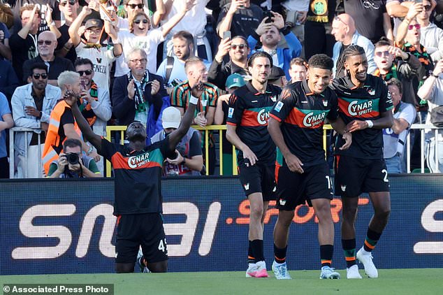 Venezia's Akor Adams celebrates after scoring during the Italian Serie A soccer match between Venezia FC and Napoli in Venice, Italy, Saturday, Oct. 17, 2026. (Paola Garbuio/LaPresse via AP)