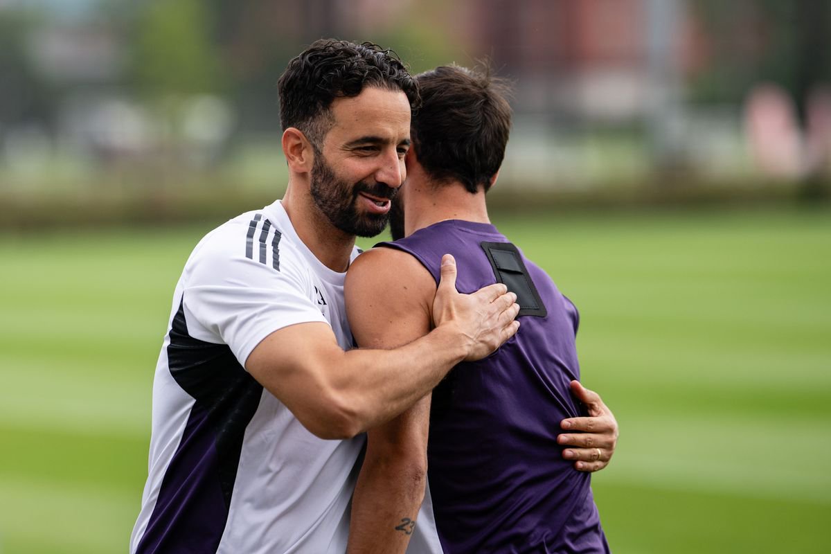 Head Coach Ruben Amorim, Bruno Fernandes of Manchester United in action during a first team training session