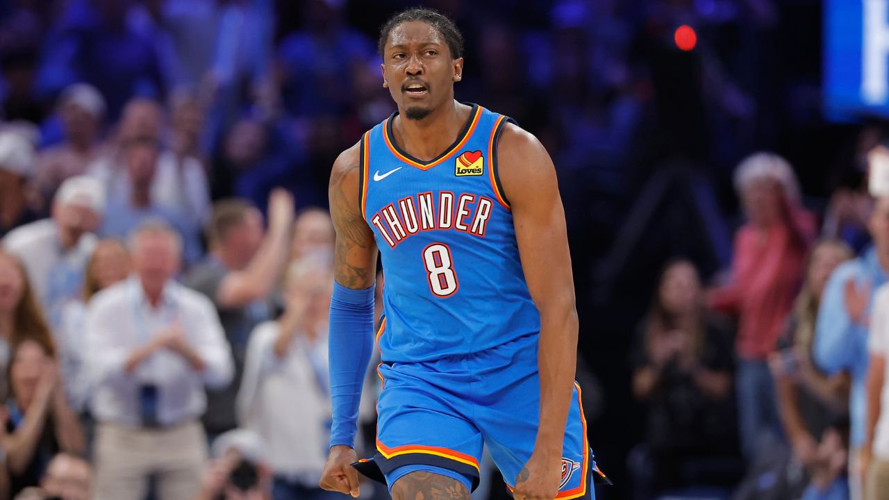 Oct 22, 2026; Oklahoma City, Oklahoma, USA; Oklahoma City Thunder guard Jalen Williams (8) reacts after a basket against the Denver Nuggets during the second half at Paycom Center. Mandatory Credit: Alonzo Adams-Imagn Images