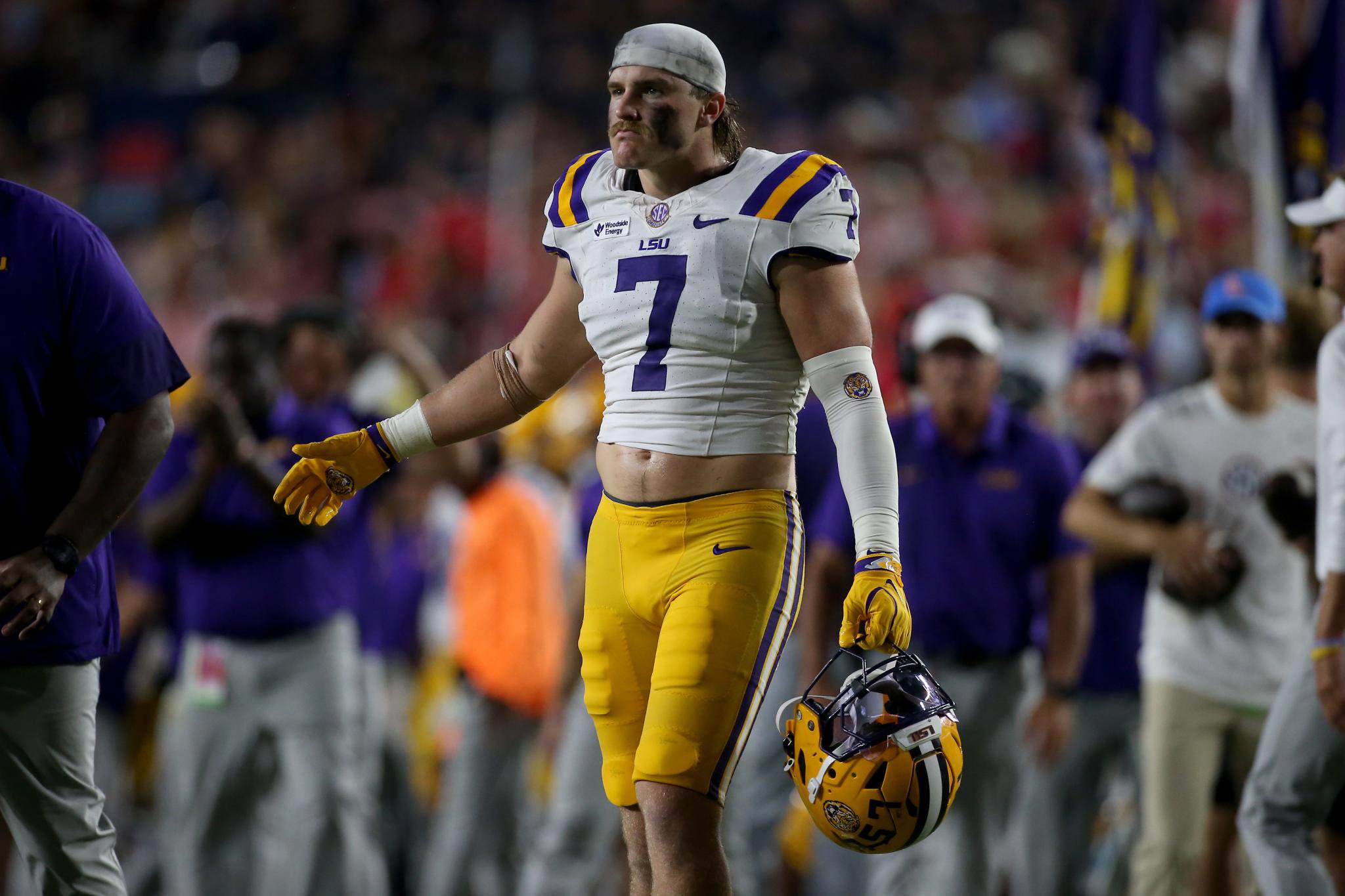 LSU Tigers linebacker Whit Weeks (7) reacts during the third quarter against the Mississippi Rebels at Vaught-Hemingway Stadium in Oxford, Mississippi, Saturday, Sept. 19, 2026.