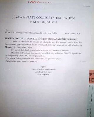 Jigawa State College of Education announces resumption date