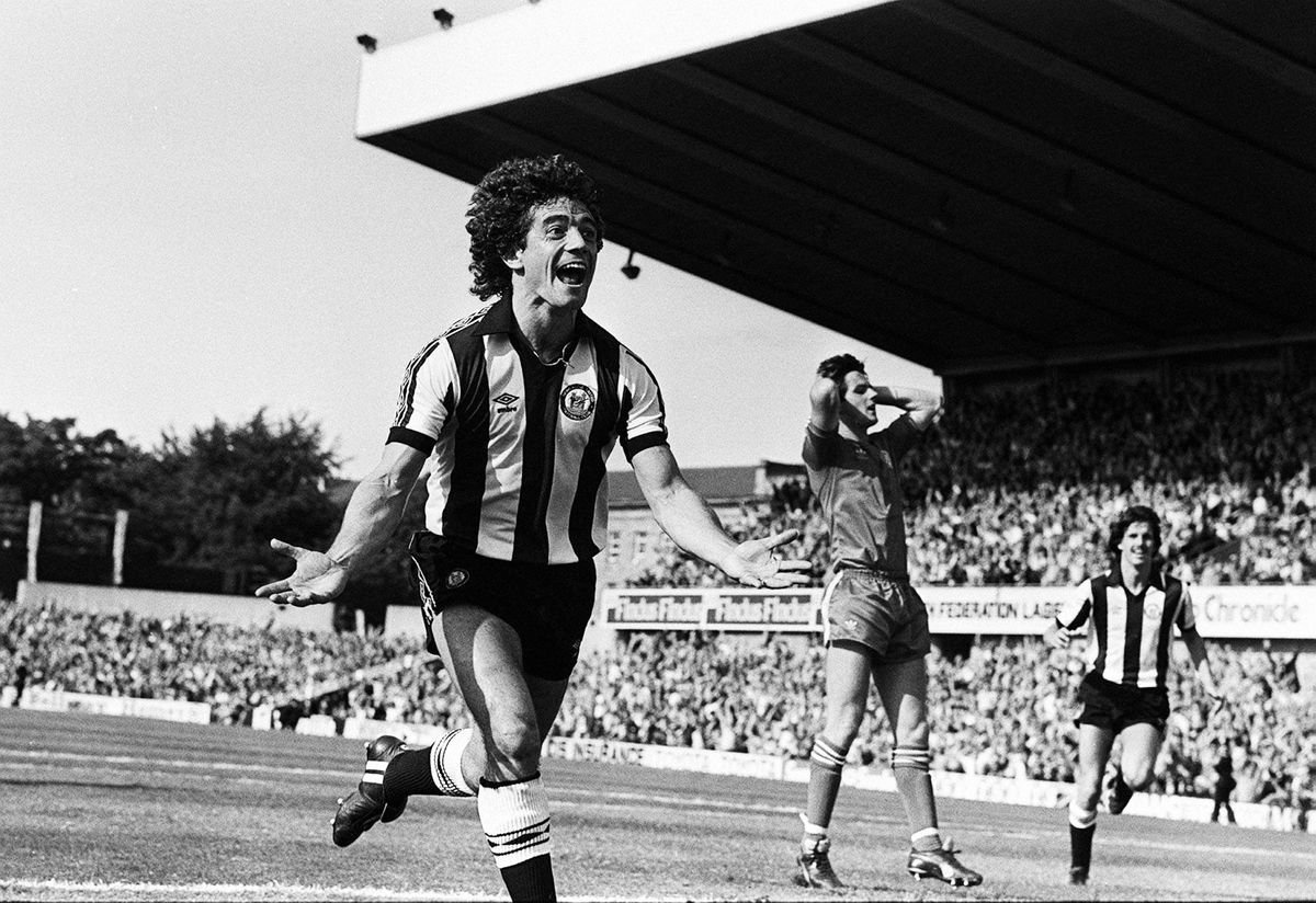 Kevin Keegan celebrates scoring the winning goal for Newcastle United against Queens Park Rangers at St James' Park on his debut, August 28, 1982
