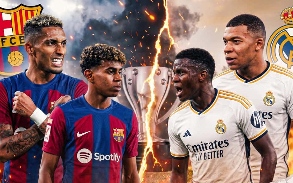 El Clásico entre Barcelona e Real Madrid, com troféu ao centro e cenário dramático com fogo ao fundo.