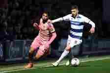 Georginio Rutter of Leeds United is challenged by Sam Field of Queens Park Rangers during the Sky Bet Championship match between Queens Park Ranger...