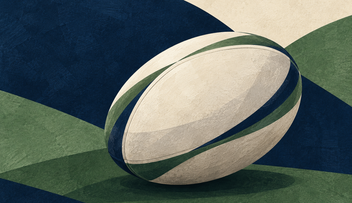 Conceptual painted rugby ball illustration, not a photograph of the match