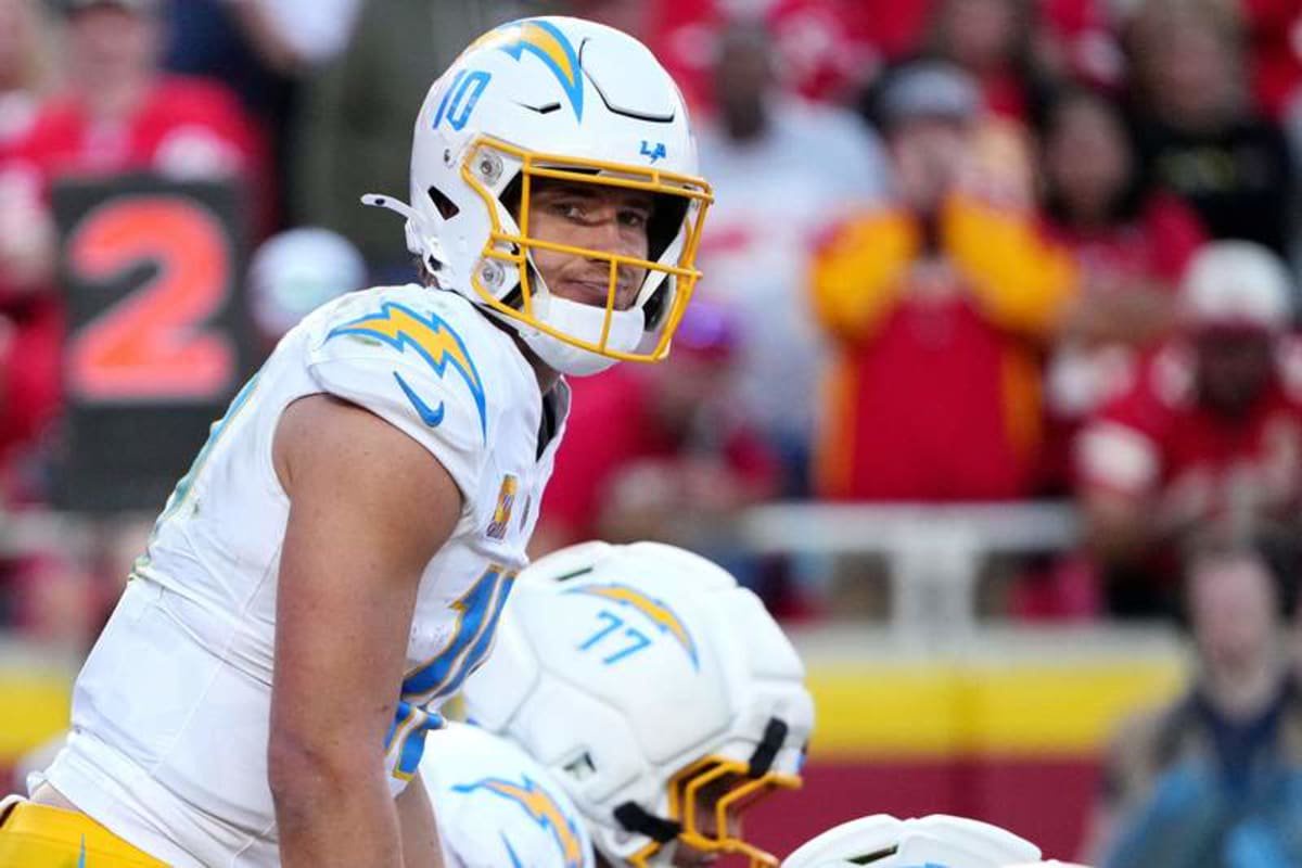 Oct 18, 2026; Kansas City, Missouri, USA; Los Angeles Chargers quarterback Justin Herbert (10) looks on during the third quarter against the Kansas City Chiefs at GEHA Field at Arrowhead Stadium. © Denny Medley-Imagn Images