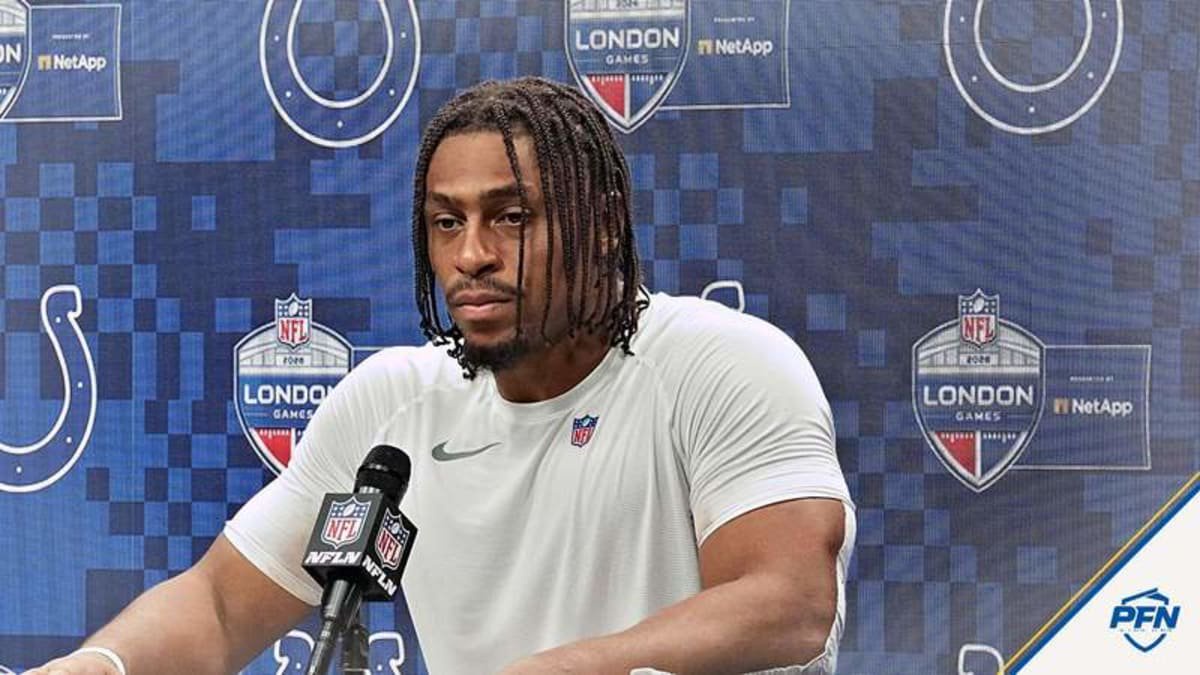 Oct 4, 2026; Tottenham, United Kingdom; Indianapolis Colts running back Jonathan Taylor (28) at press conference after the 2026 NFL London Games against the Washington Commanders at Tottenham Hotspur Stadium. © Kirby Lee-Imagn Images