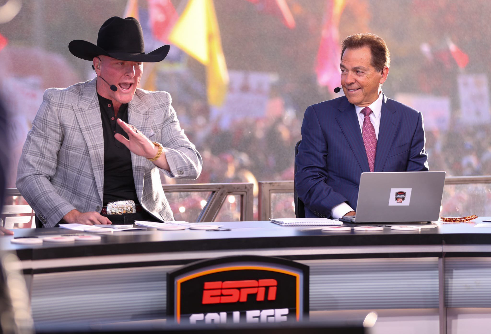 ESPN personality Pat McAfee talks during College GameDay with Nick Saban looking on Saturday, Nov. 8, 2025 at Jones AT&amp;T Stadium in Lubbock, Texas.